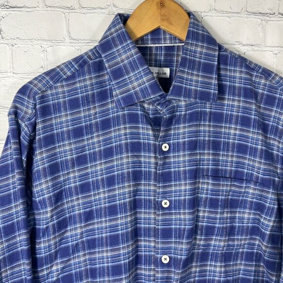Peter Millar Hugh Flannel Sport Shirt Mens Large Blue Plaid - Picture 2 of 8